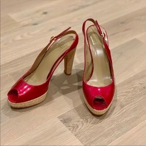 Stuart Weitzman Patent Leather Slingback Peep Toe Heels Platform Espadrilles Red